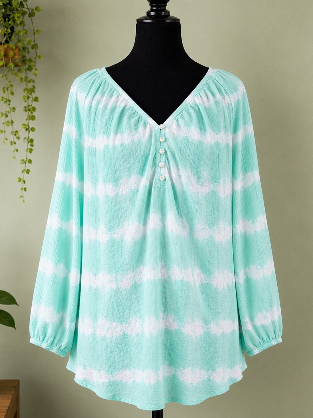 Chaps Denim Blouse XL Light Teal Green Tie Dye Gauze Peasant Boho Lightweight